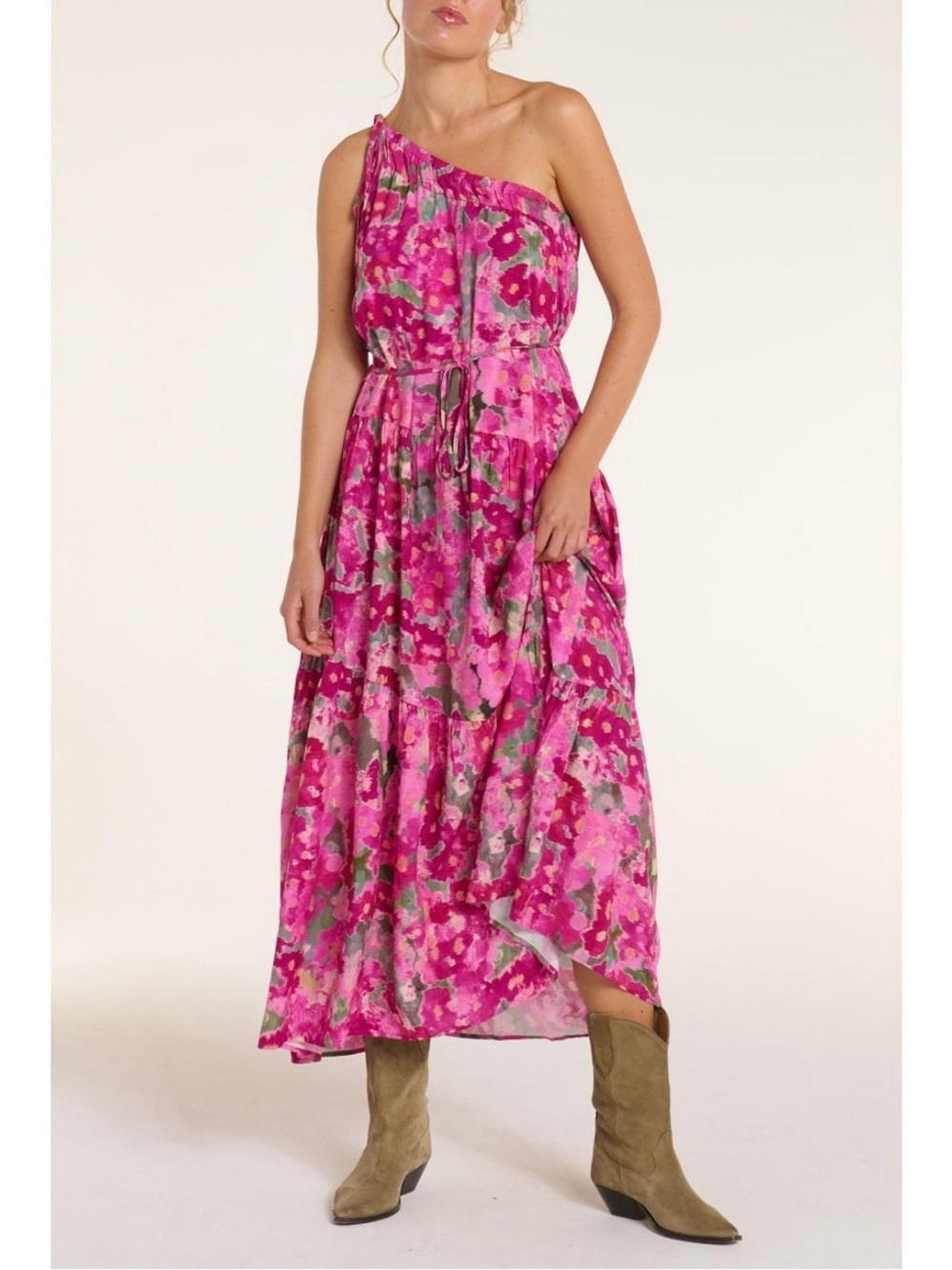 Hermoza Joyce One-Shoulder Tie Dress Pink Floral Maxi Dress Large NWT